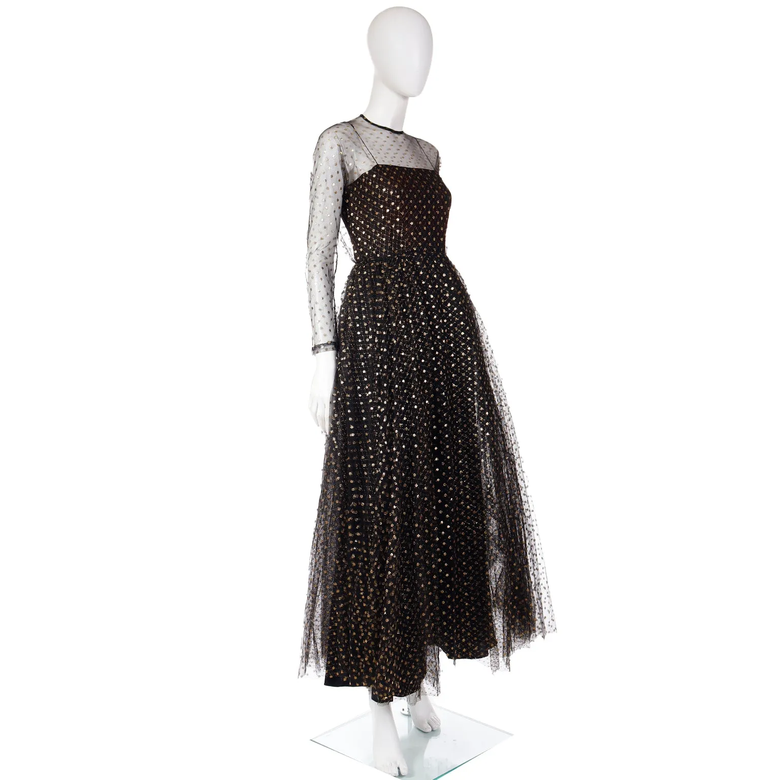 1970s Lillie Rubin Black Tulle Long Gown w/ Gold Polka Dots