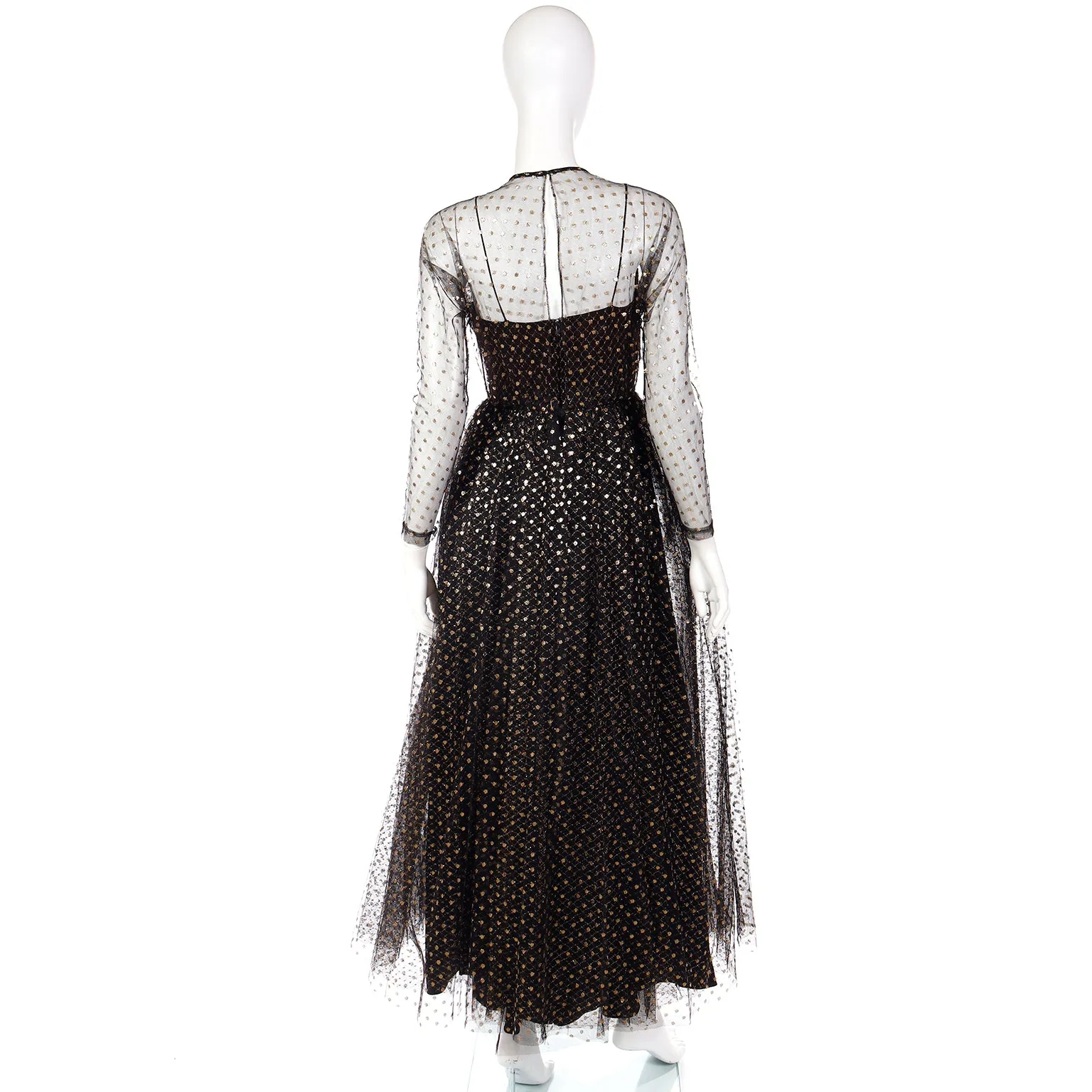 1970s Lillie Rubin Black Tulle Long Gown w/ Gold Polka Dots