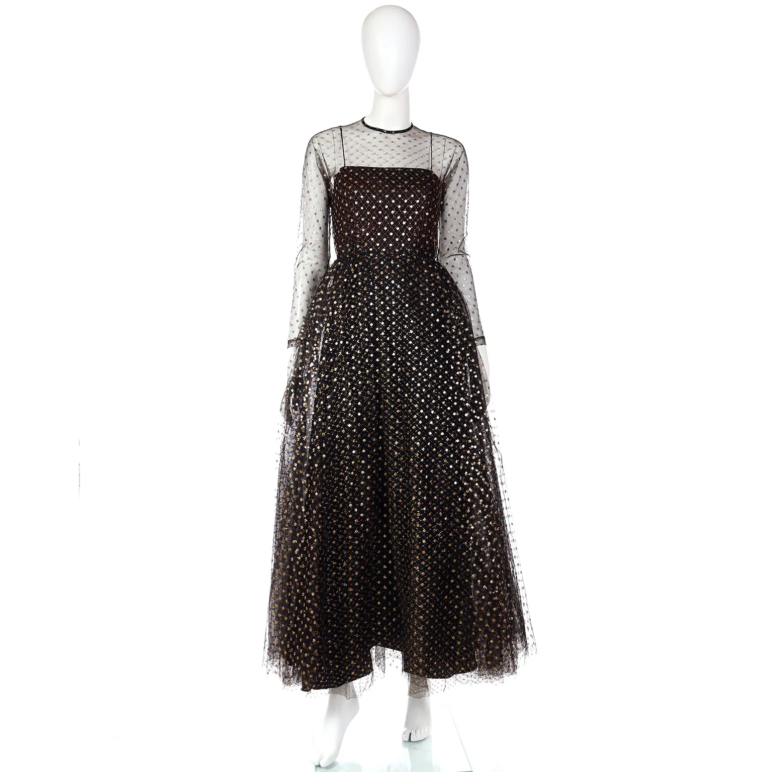 1970s Lillie Rubin Black Tulle Long Gown w/ Gold Polka Dots