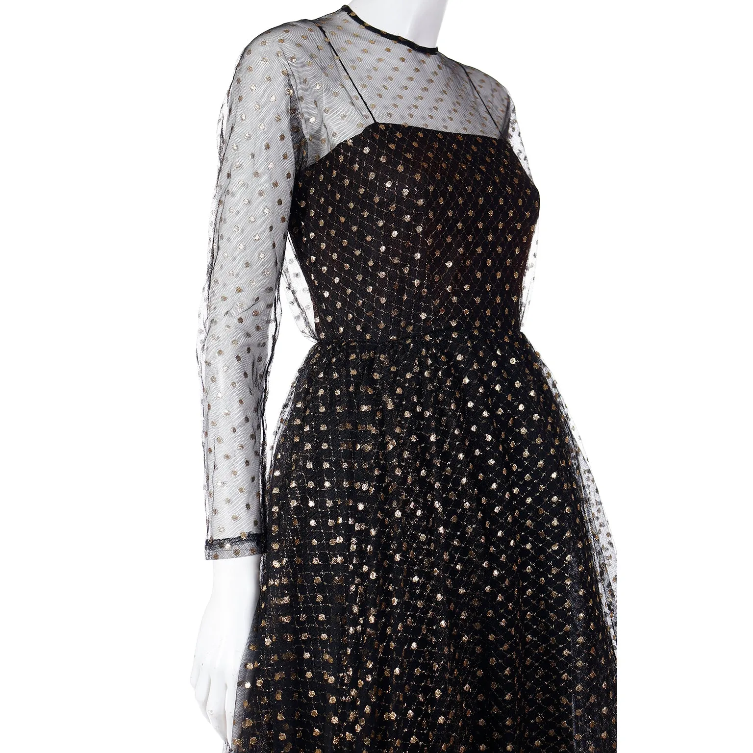 1970s Lillie Rubin Black Tulle Long Gown w/ Gold Polka Dots