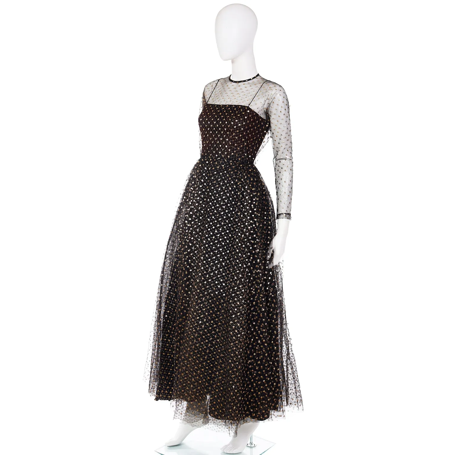 1970s Lillie Rubin Black Tulle Long Gown w/ Gold Polka Dots