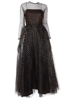 1970s Lillie Rubin Black Tulle Long Gown w/ Gold Polka Dots