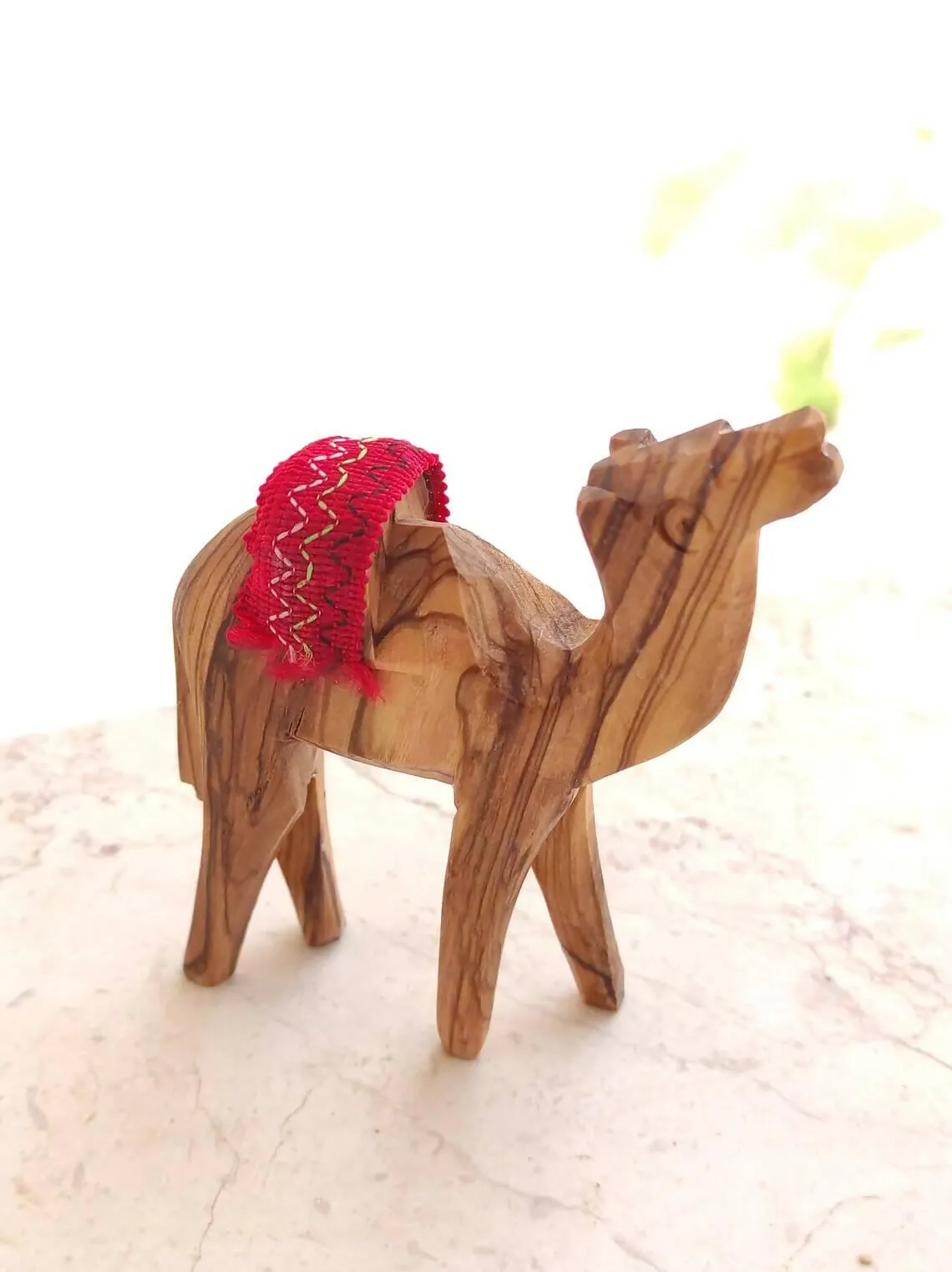 2 PCS Bethlehem Olive Wood Camel Statue Hand Carved in Holy Land Figurine Red Saddle