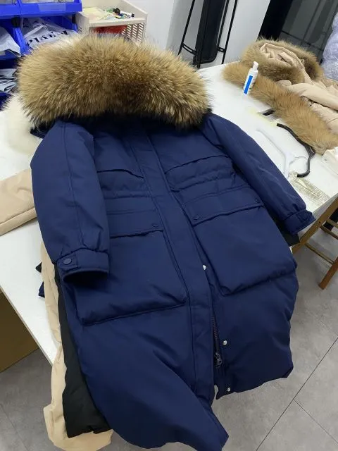 90% Real Down Long Parka Winter Women Long Jacket Large Natural Fur Hooded Parka