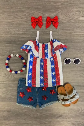 American Sequin Stars & Stripes Denim Short Set