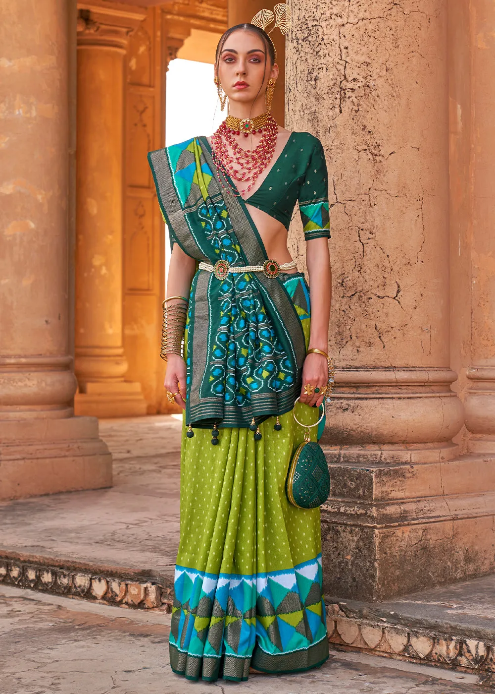 Avocado Green Designer Printed Silk Saree with Contrast Blouse & Pallu