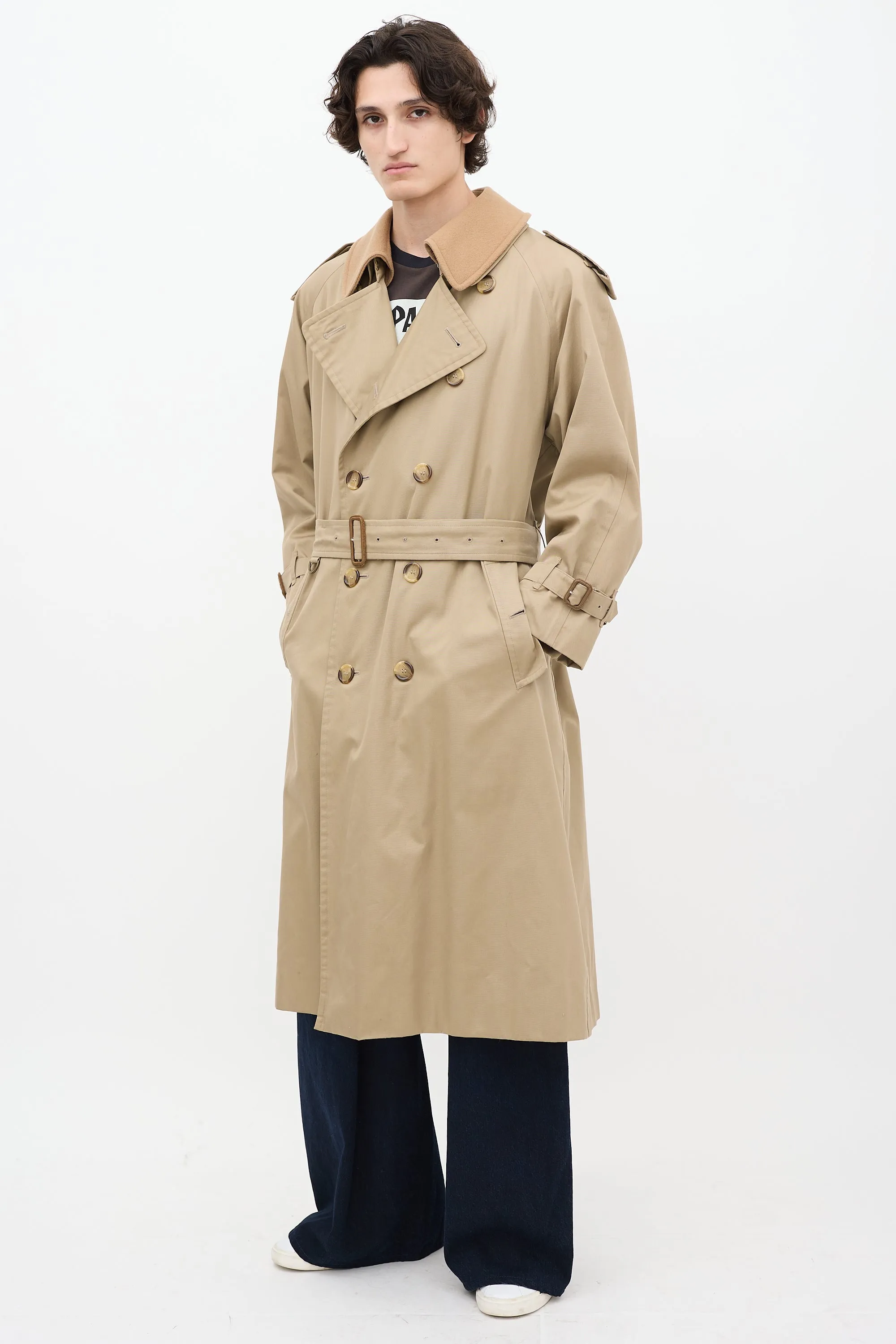 Beige Detachable Collar Belted Trench Coat