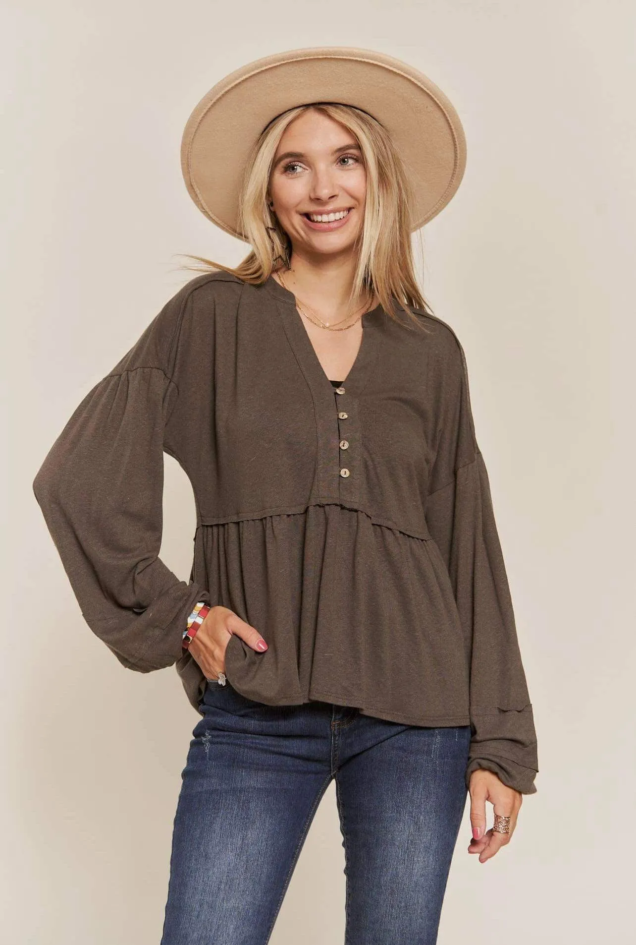 Blouse - Button Babydoll Tunic, Khaki Brown