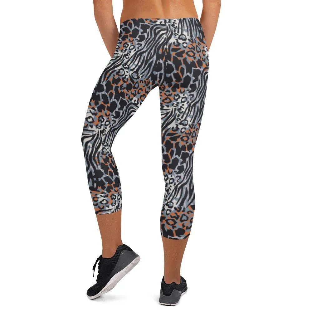 Blue Animal Print Women's Capri Leggings