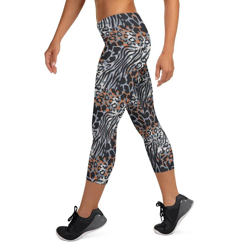 Blue Animal Print Women's Capri Leggings