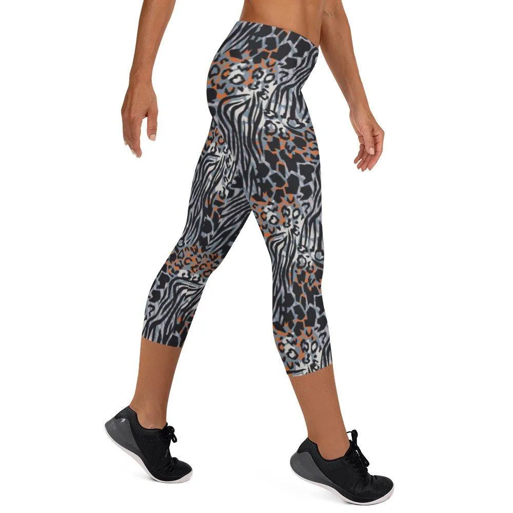 Blue Animal Print Women's Capri Leggings