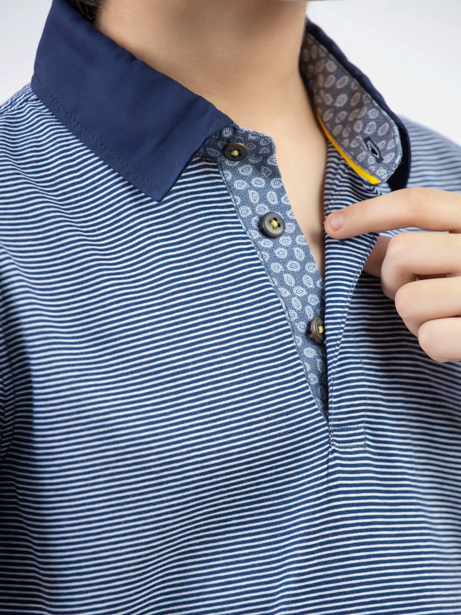 Blue Striped Casual Polo With Navy Blue Collar