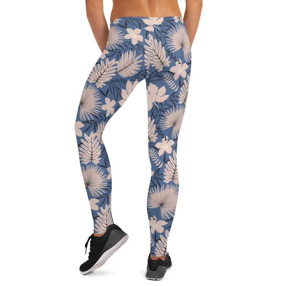 Blue Tropical Flower Women's Mid-Rise Leggings