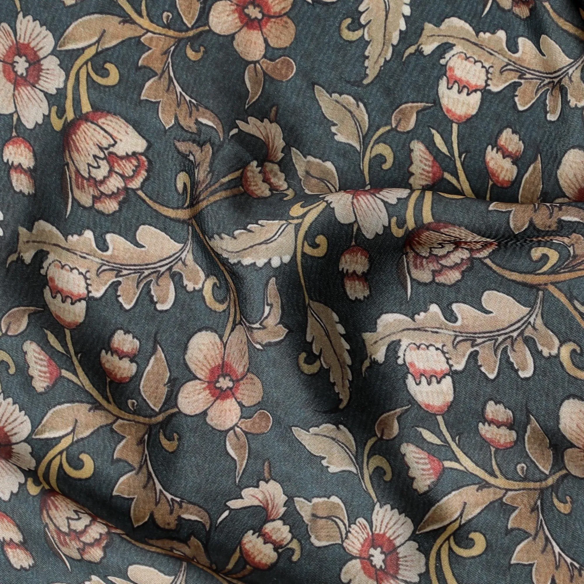 Bottle green synthetic modal satin fabric with pale brown and brick red print in floral design-D15009