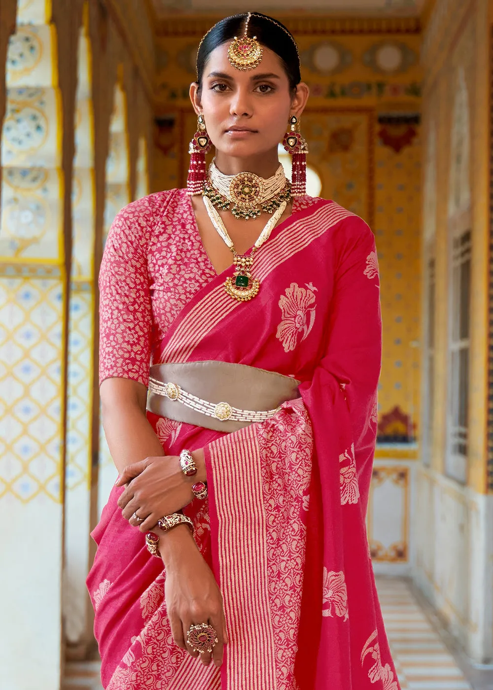 Cerise Pink Zari Woven Banarasi Silk Saree