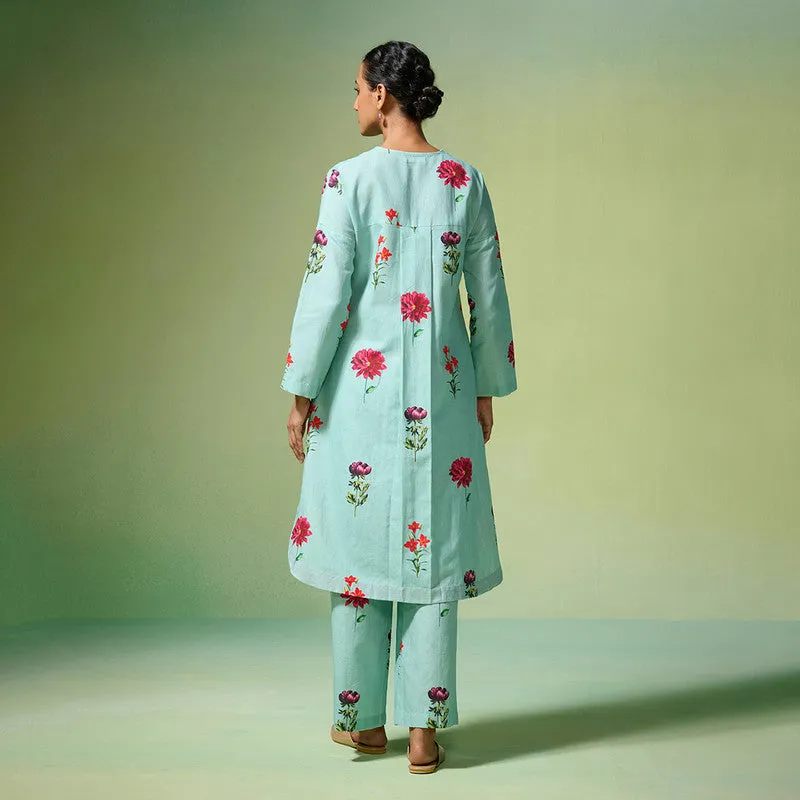 Chanderi Kurta Set For Women | Floral Printed | Blue