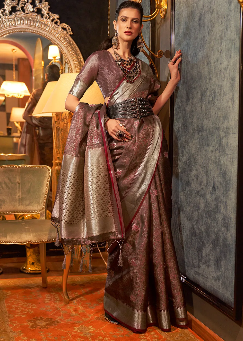 Chestnut Brown Two Tone Handloom Woven Organza Silk Saree