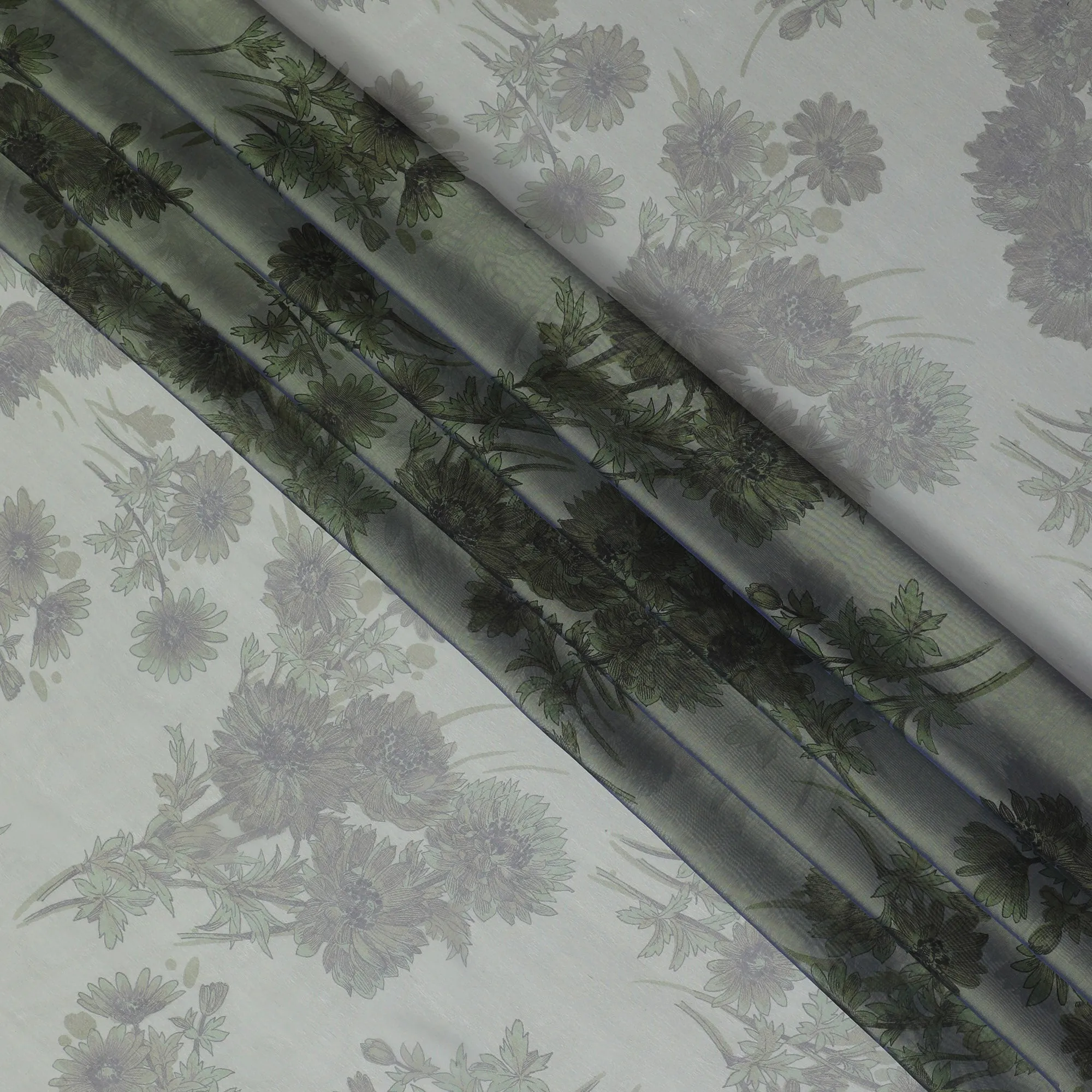 Elegant Soft Olive Floral Silk Chiffon Fabric, 110cm Width – Ideal for Bridal Wear and Special Occasions-D20098