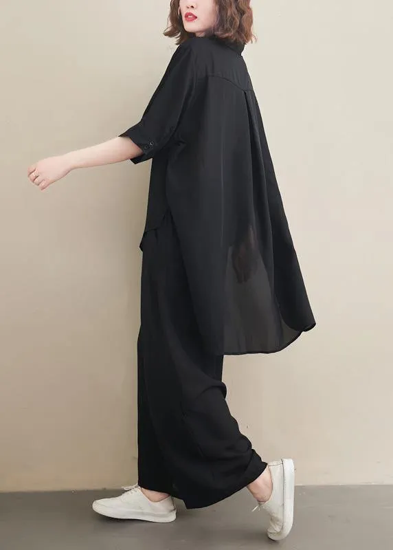 Fashion Suit Spring Loose Black Chiffon Shirt Quarter Wide Leg Pants