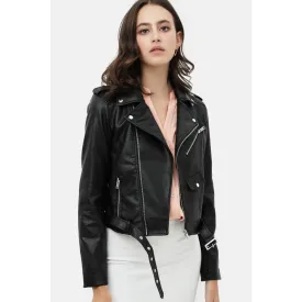 Faux Leather Zip Up Biker Jacket - Black