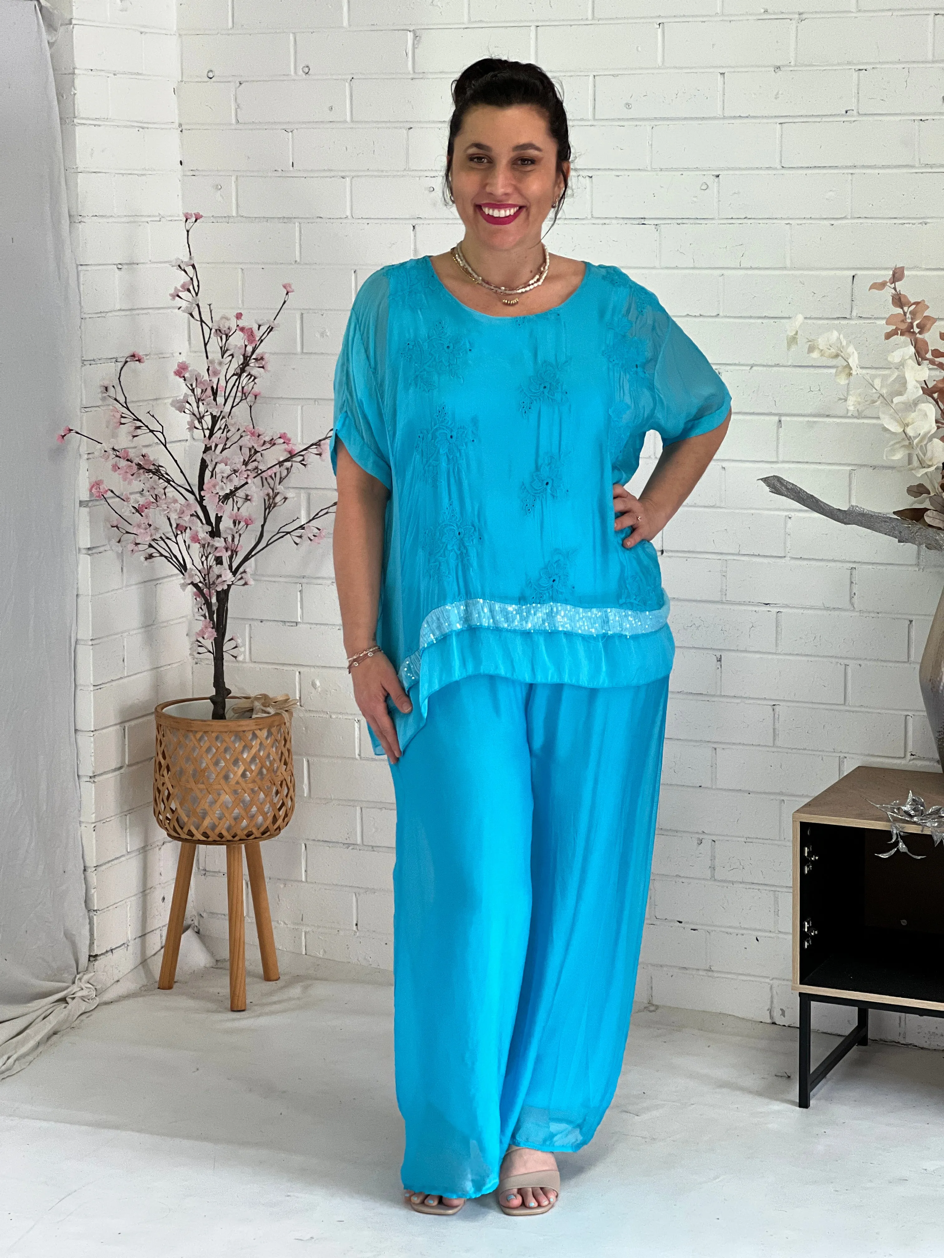 Fort Turquoise Silk Pants