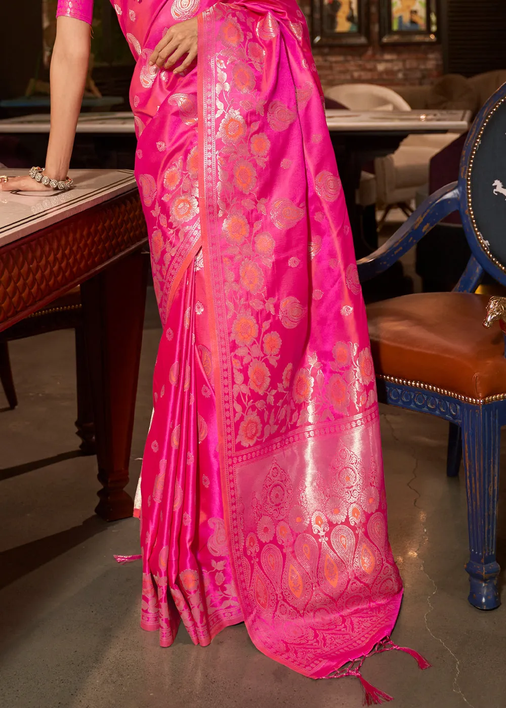 Fuscia Pink Handloom Woven Satin Silk Saree