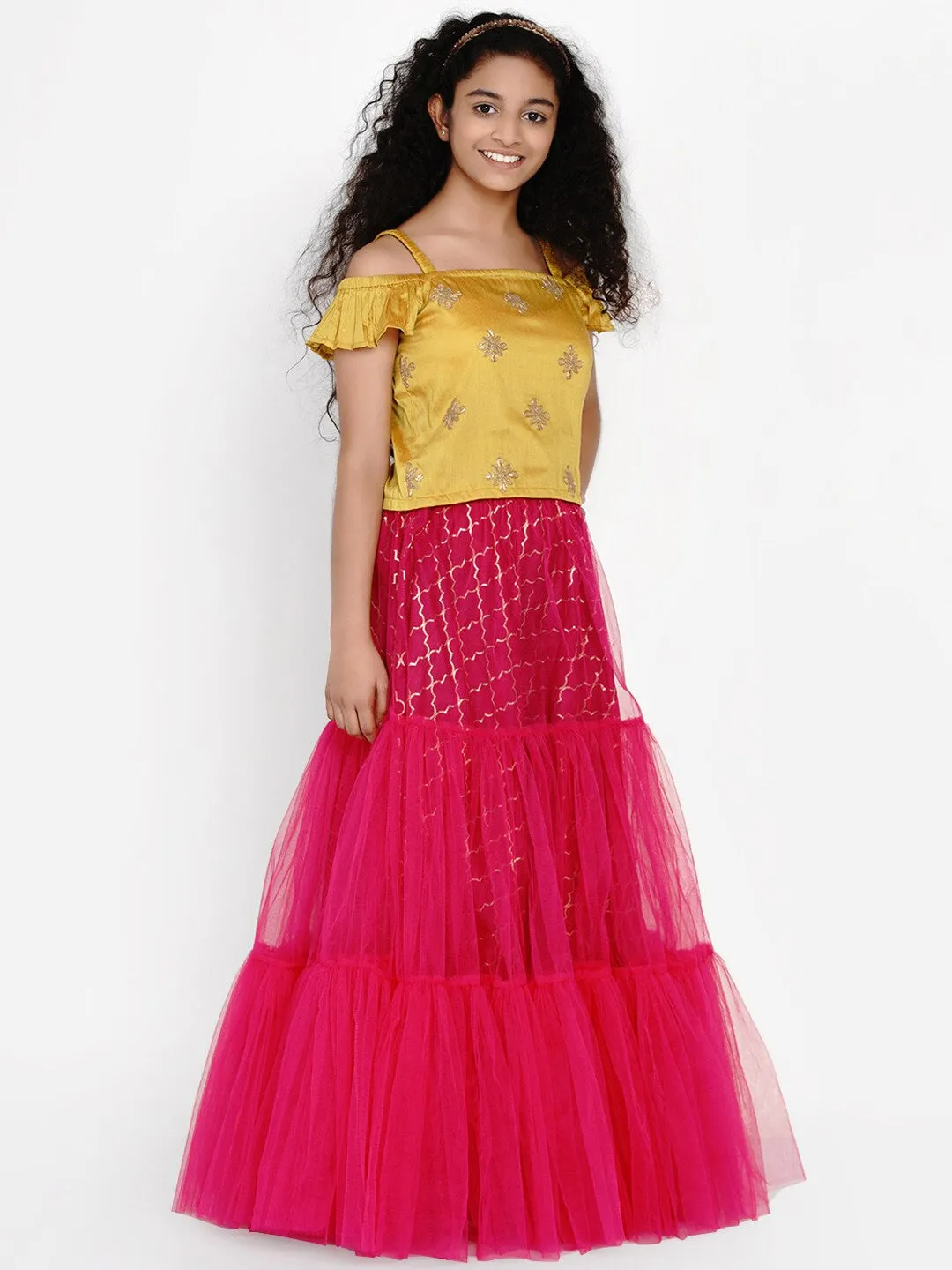 Girls Mustard & Fuchsia Embroidered Ready To Wear Lehenga Choli