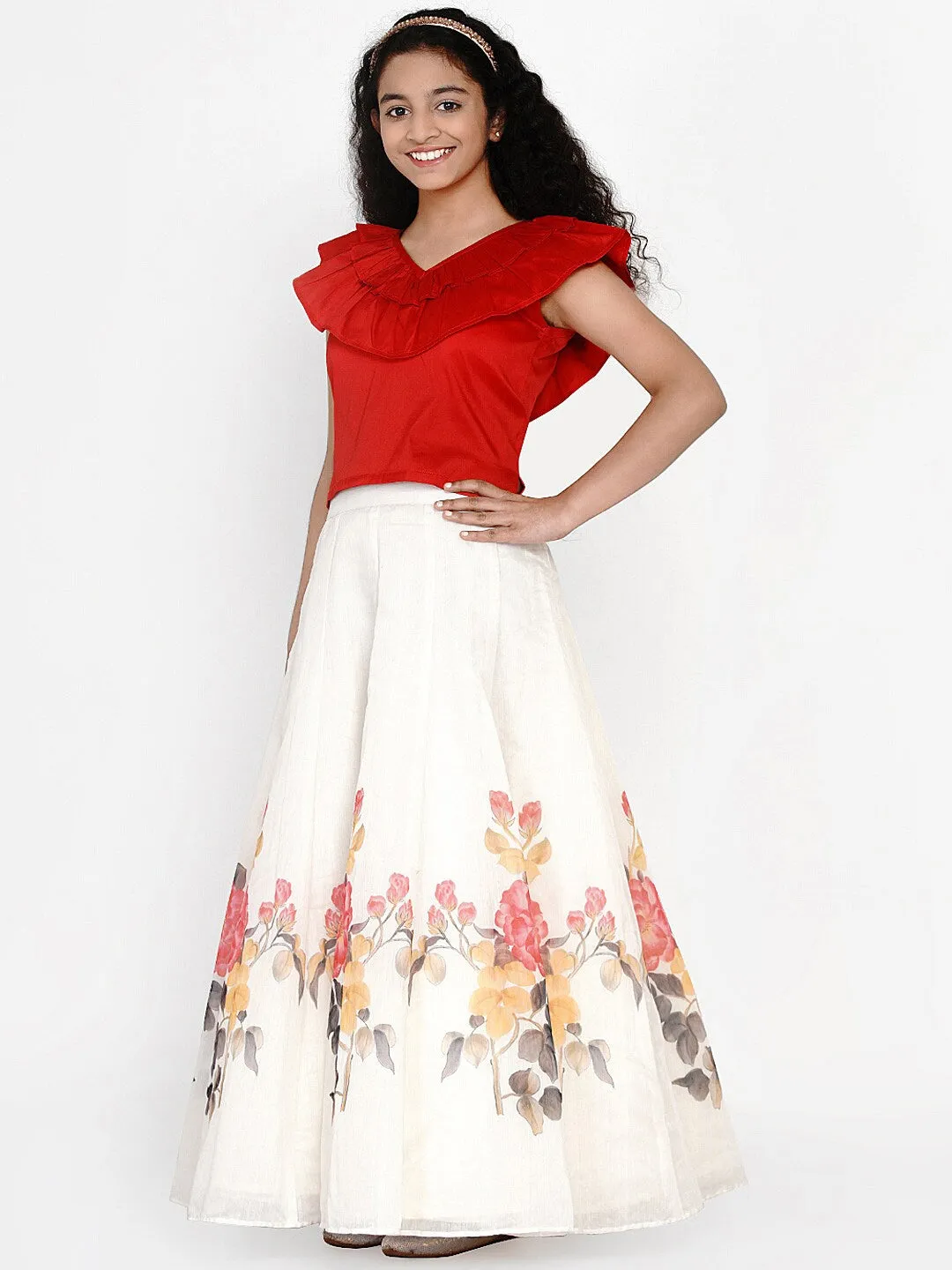 Girl's Red & White Ready to Wear Lehenga & Blouse - NOZ2TOZ KIDS