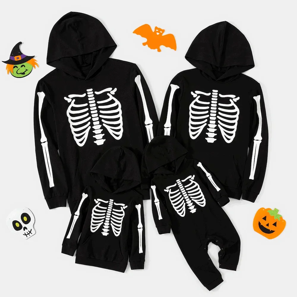 Glowing Family Matching Outfits Halloween Glow In The Dark Skeleton Print Long-sleeve Pullover Sweatshirts