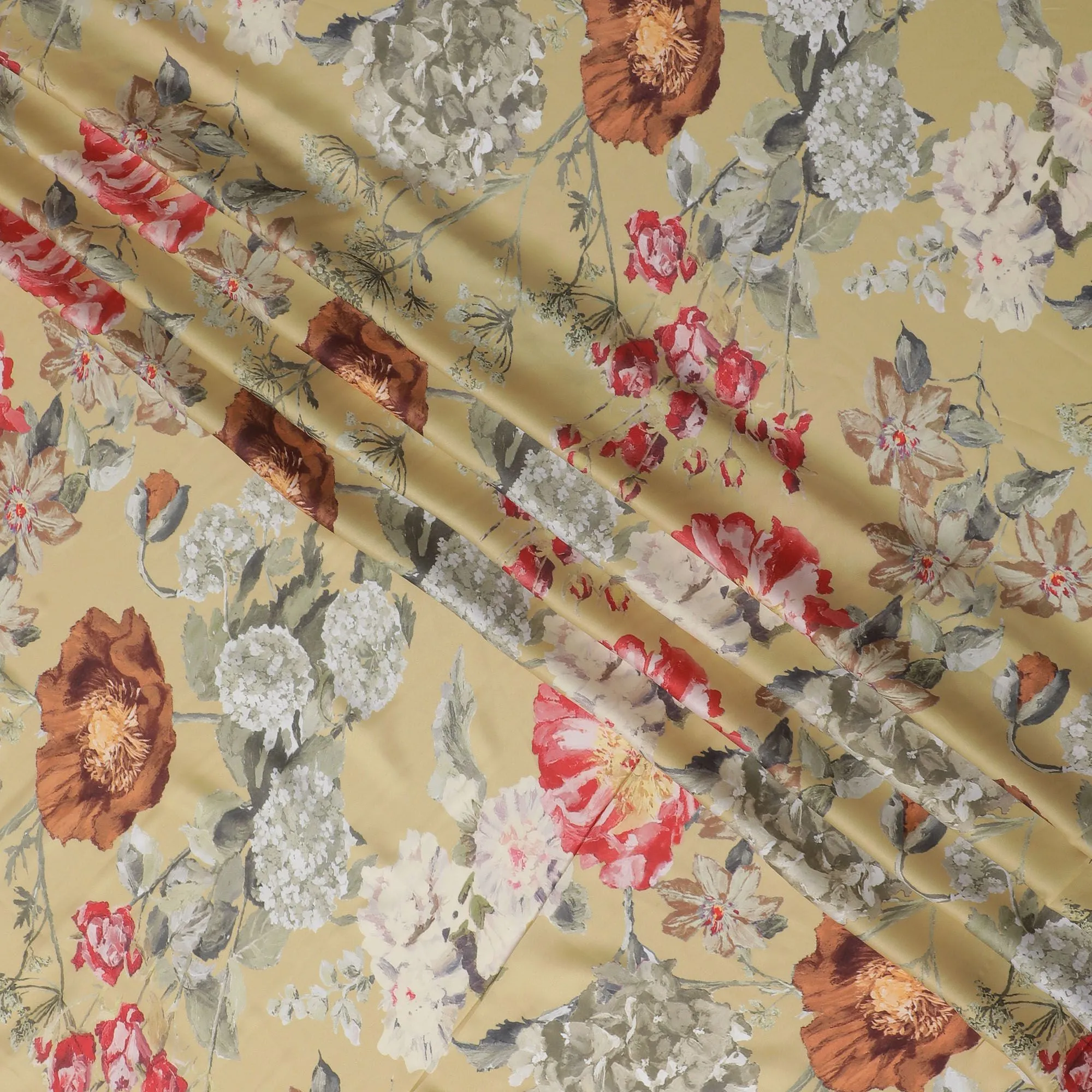 Golden Amber Floral Synthetic Modal Satin Fabric - Vibrant Blossom Print, 110cm - Buy Online-D17979