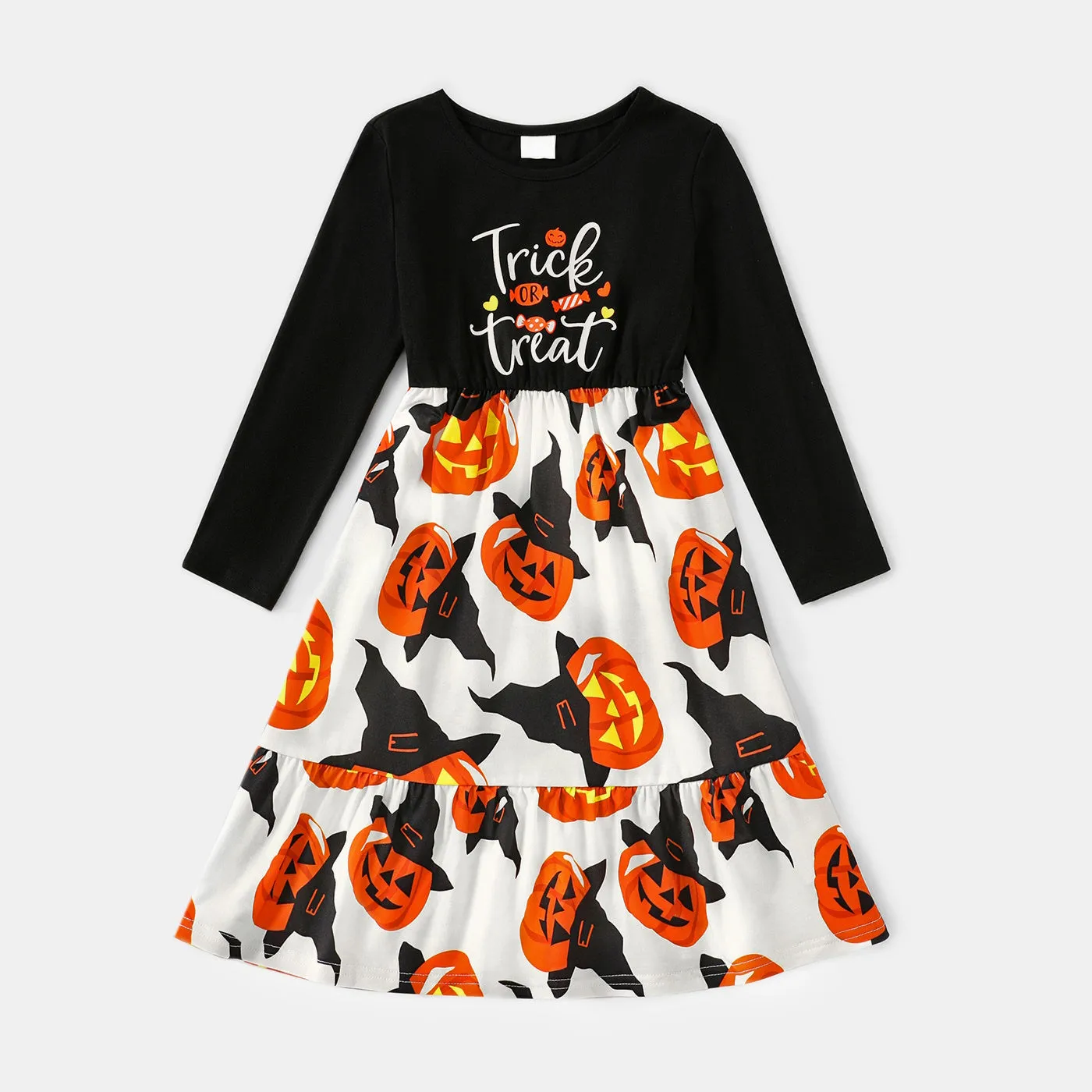 Halloween Family Matching  Dress Long-sleeve Letter & Pumpkin Lantern Print Spliced Dresses and Raglan-sleeve T-shirts Sets