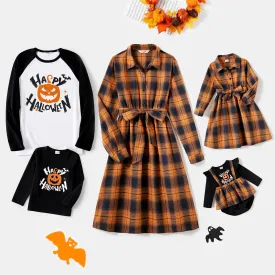 Halloween Family Matching Dress Plaid Long-sleeve Front Button Plaid Dresses and Pumpkin Graphic T-shirts Sets