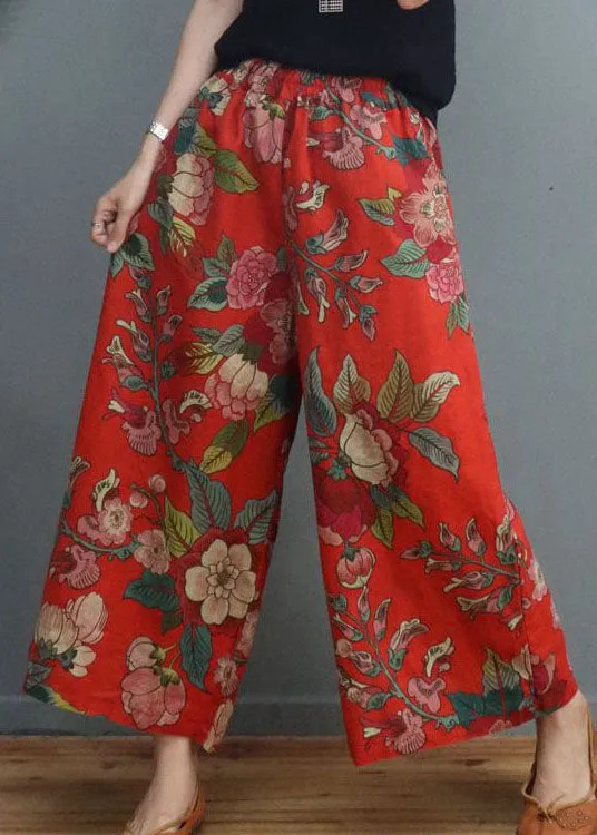 Handmade Red Print Linen wide leg pants Spring