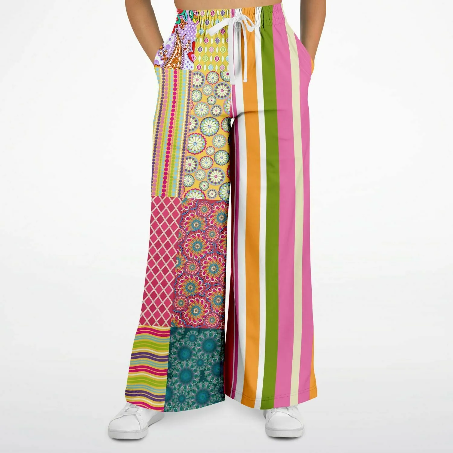 Hello Janis! Green Striped Patchwork Eco-Poly Wide Leg Pants