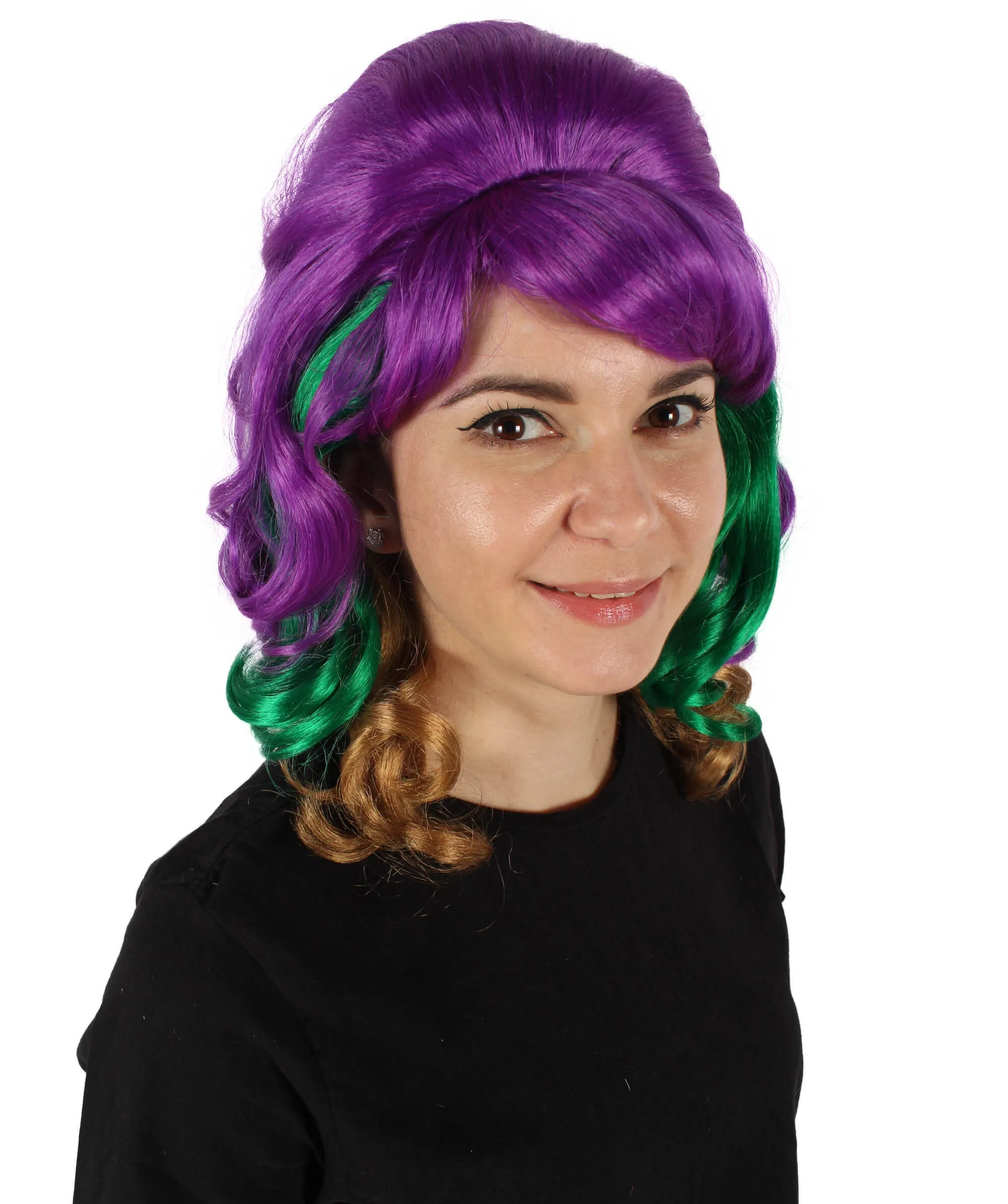 HPO Adult Women's Mardi Grass Multicolor Long Curly Beehive Wig I Perfect for Halloween I Flame-retardant Synthetic Fiber