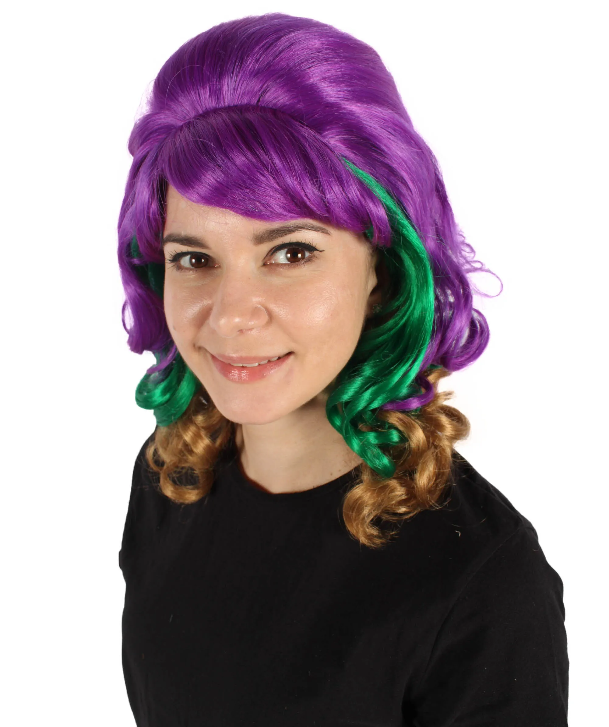 HPO Adult Women's Mardi Grass Multicolor Long Curly Beehive Wig I Perfect for Halloween I Flame-retardant Synthetic Fiber