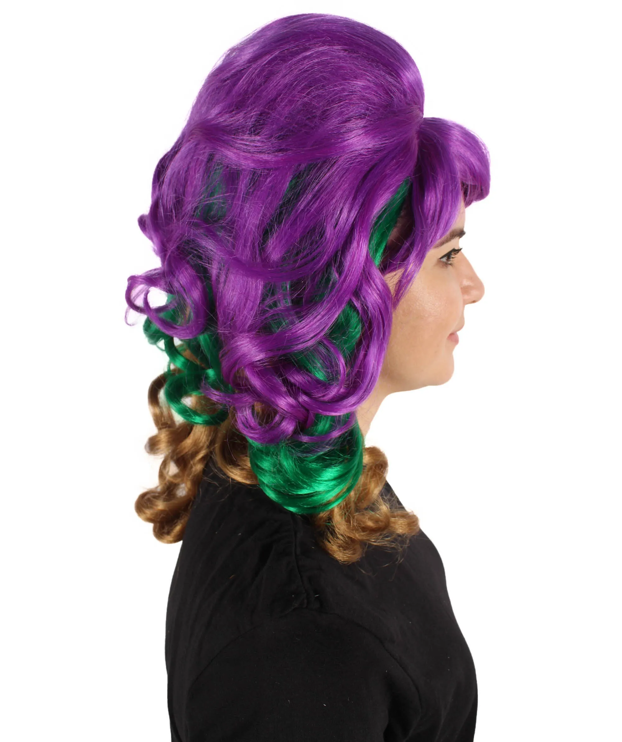 HPO Adult Women's Mardi Grass Multicolor Long Curly Beehive Wig I Perfect for Halloween I Flame-retardant Synthetic Fiber