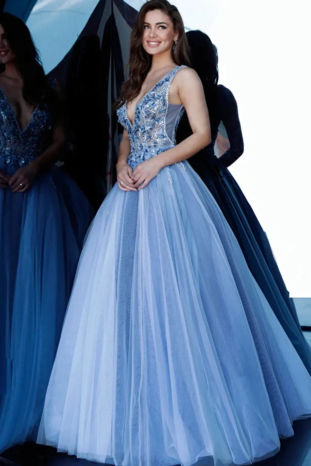 JOVANI 3110 - Blue Floral Embellished Ballgown