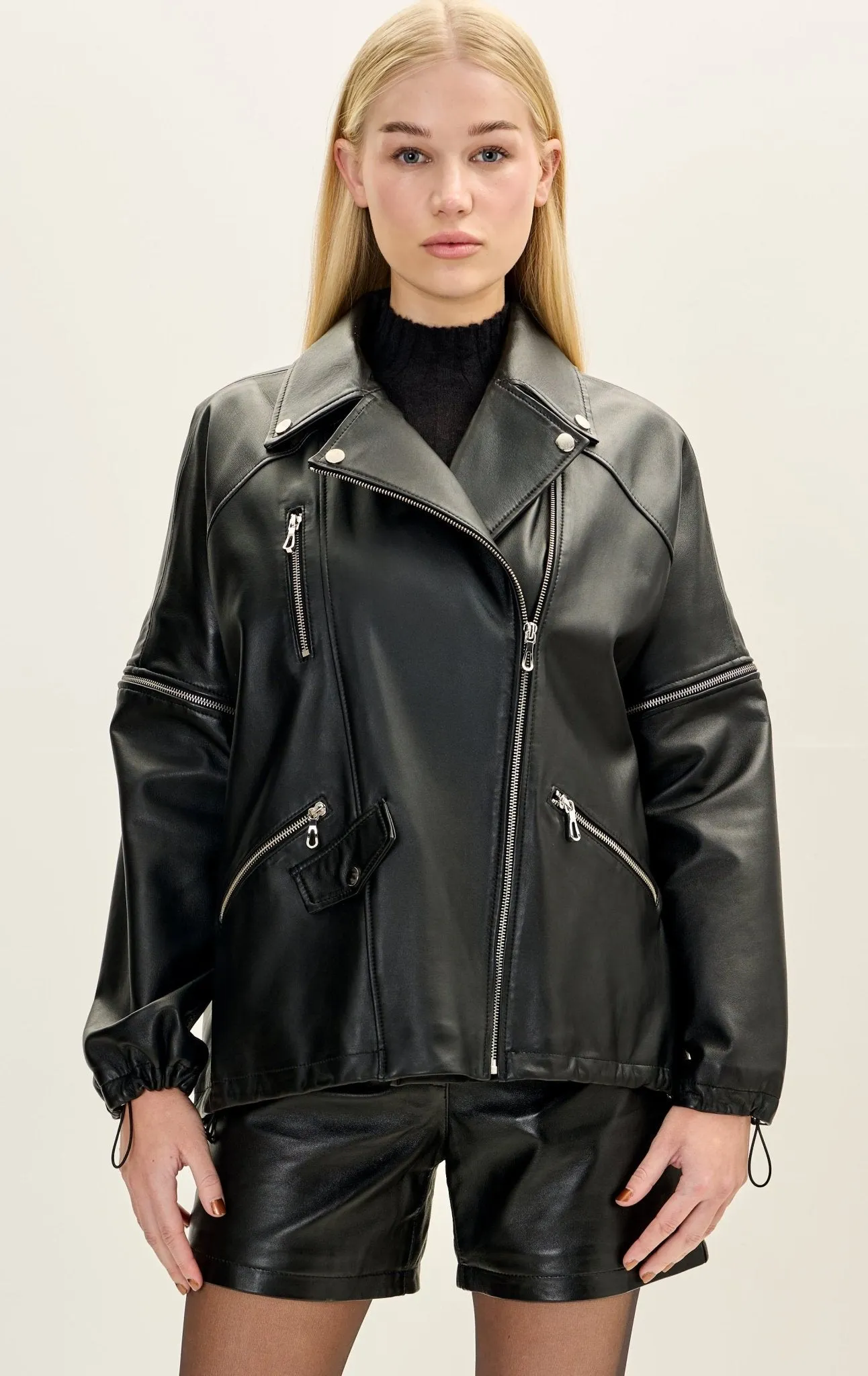 Lambskin Leather Jacket with Removable Sleeves - Black