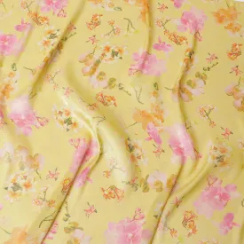 Light mustard yellow silk chiffon fabric with multicolor print in floral design having organza finish-D6637