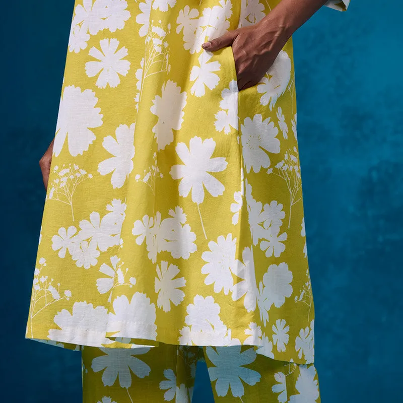 Linen Kurta Set For Women | Floral Printed | Yellow