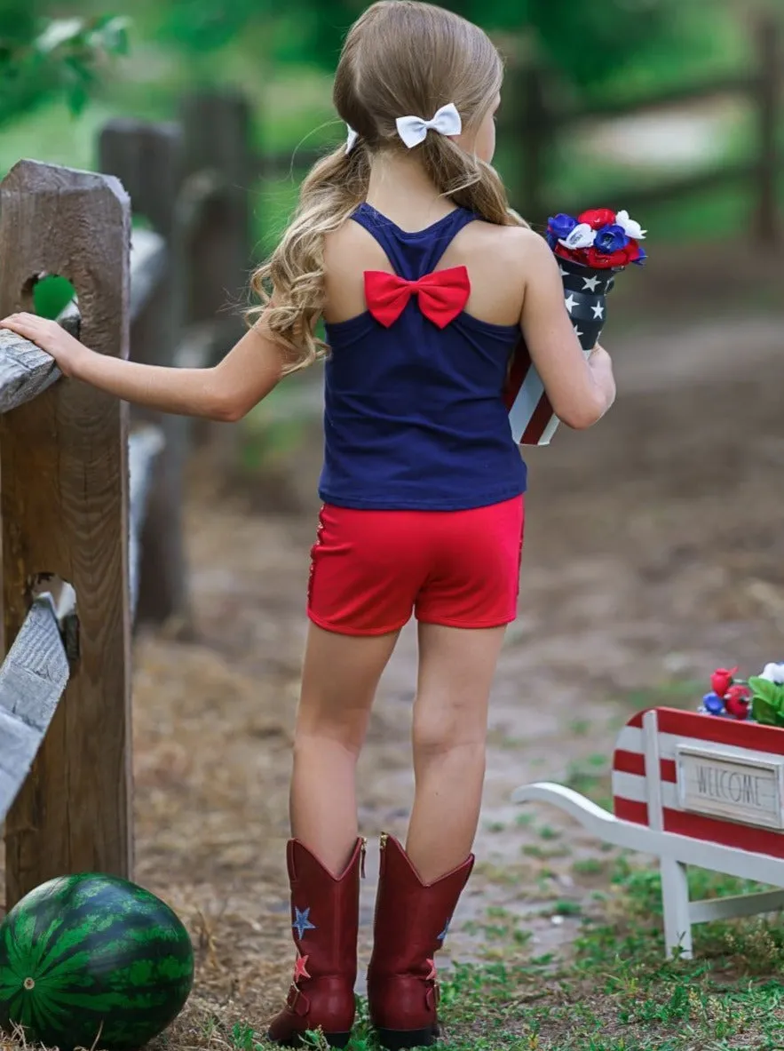 Little Miss America Bow Top And Sequin Short Set