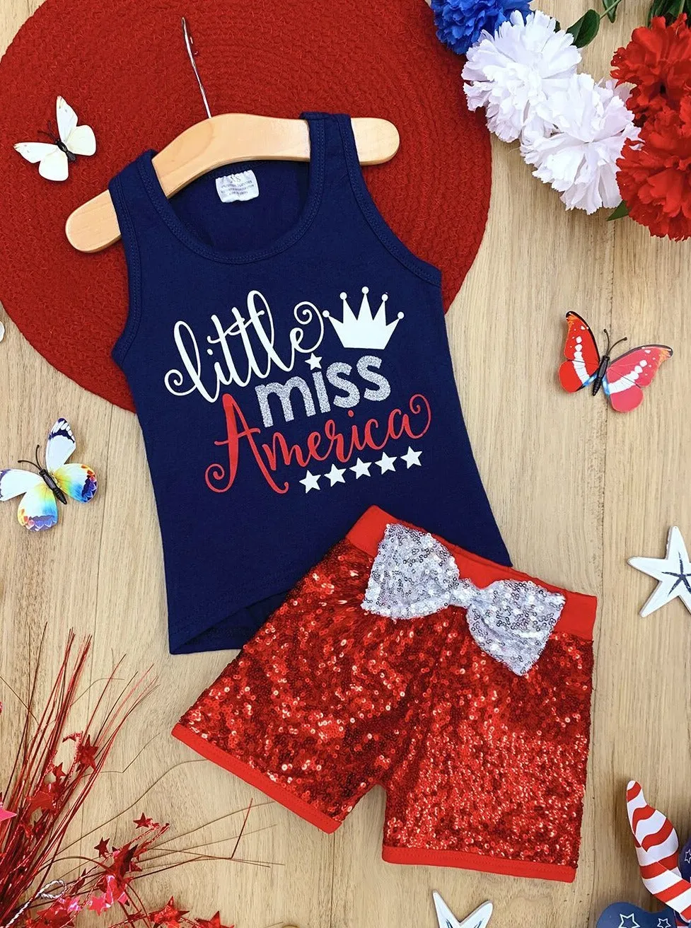 Little Miss America Bow Top And Sequin Short Set