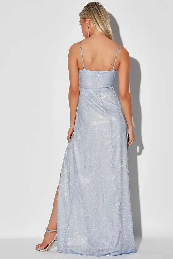 Lucky For You Light Blue Glitter Bustier Maxi Dress