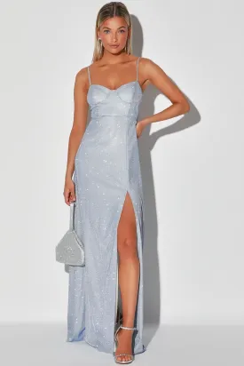 Lucky For You Light Blue Glitter Bustier Maxi Dress