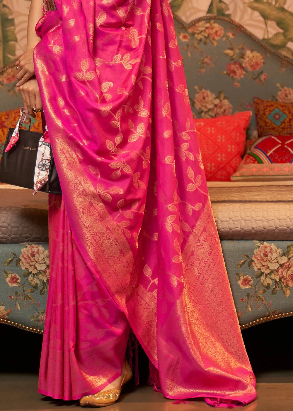 Magenta Pink Woven Floral Banarasi Silk Saree