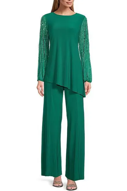 Marina Boat Neck Embellished Chiffon Long Sleeve Asymmetrical Hem and Elastic Mid Waist Wide Leg ( Plus Size )