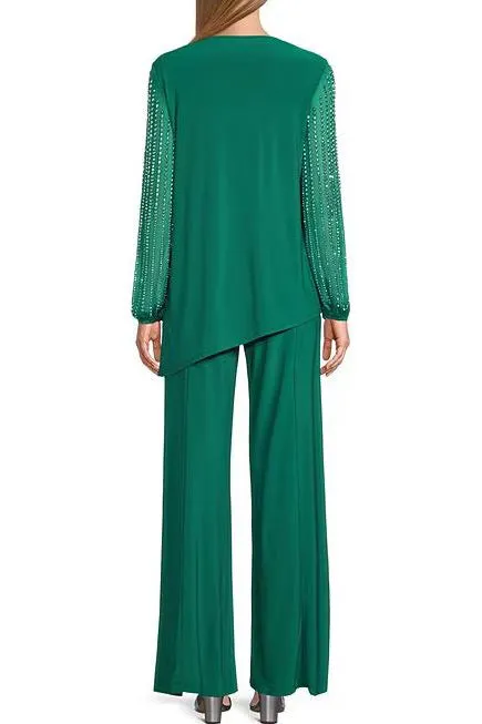 Marina Boat Neck Embellished Chiffon Long Sleeve Asymmetrical Hem and Elastic Mid Waist Wide Leg ( Plus Size )