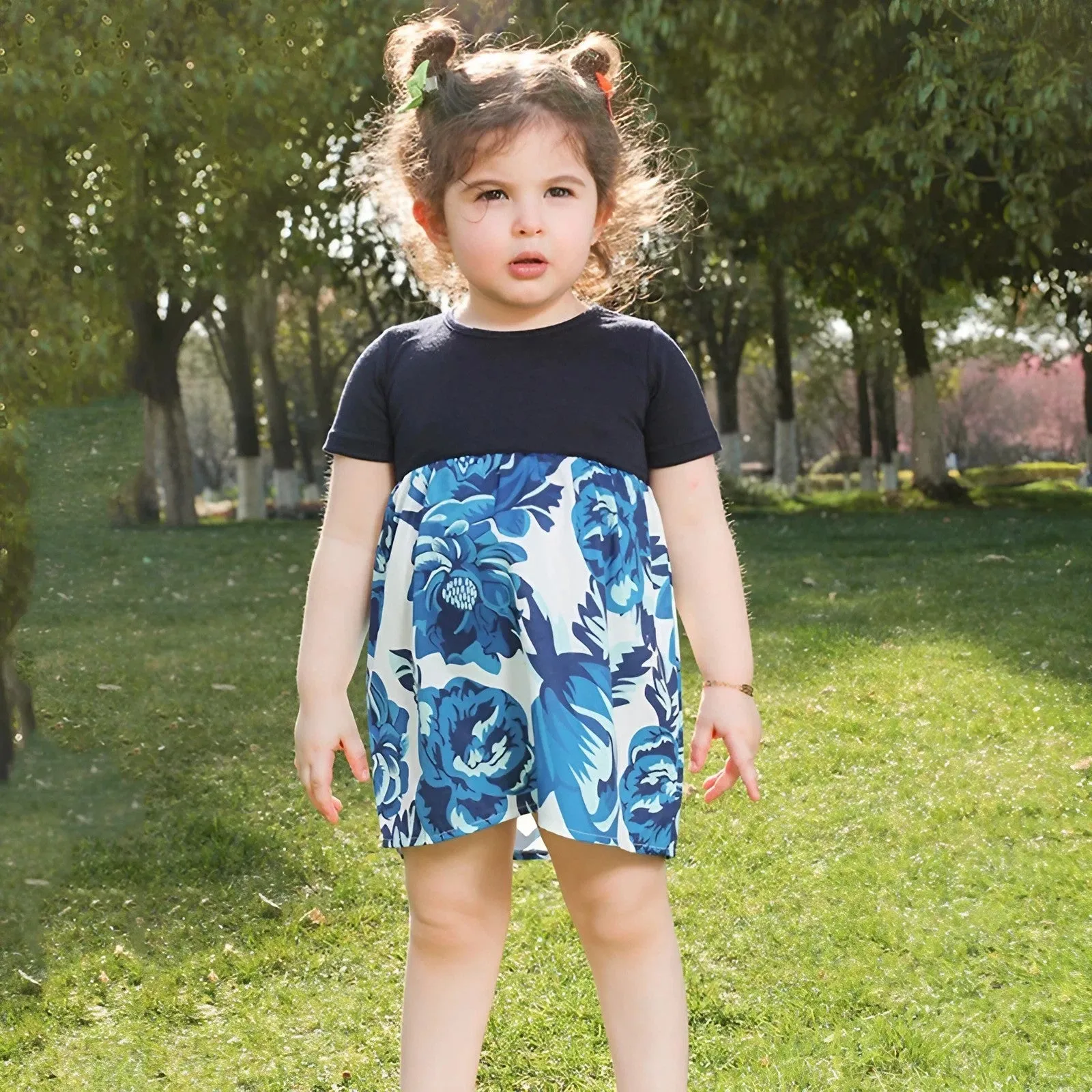 Matching Family Outfits Floral Print Dress Blue Denim Family Sets