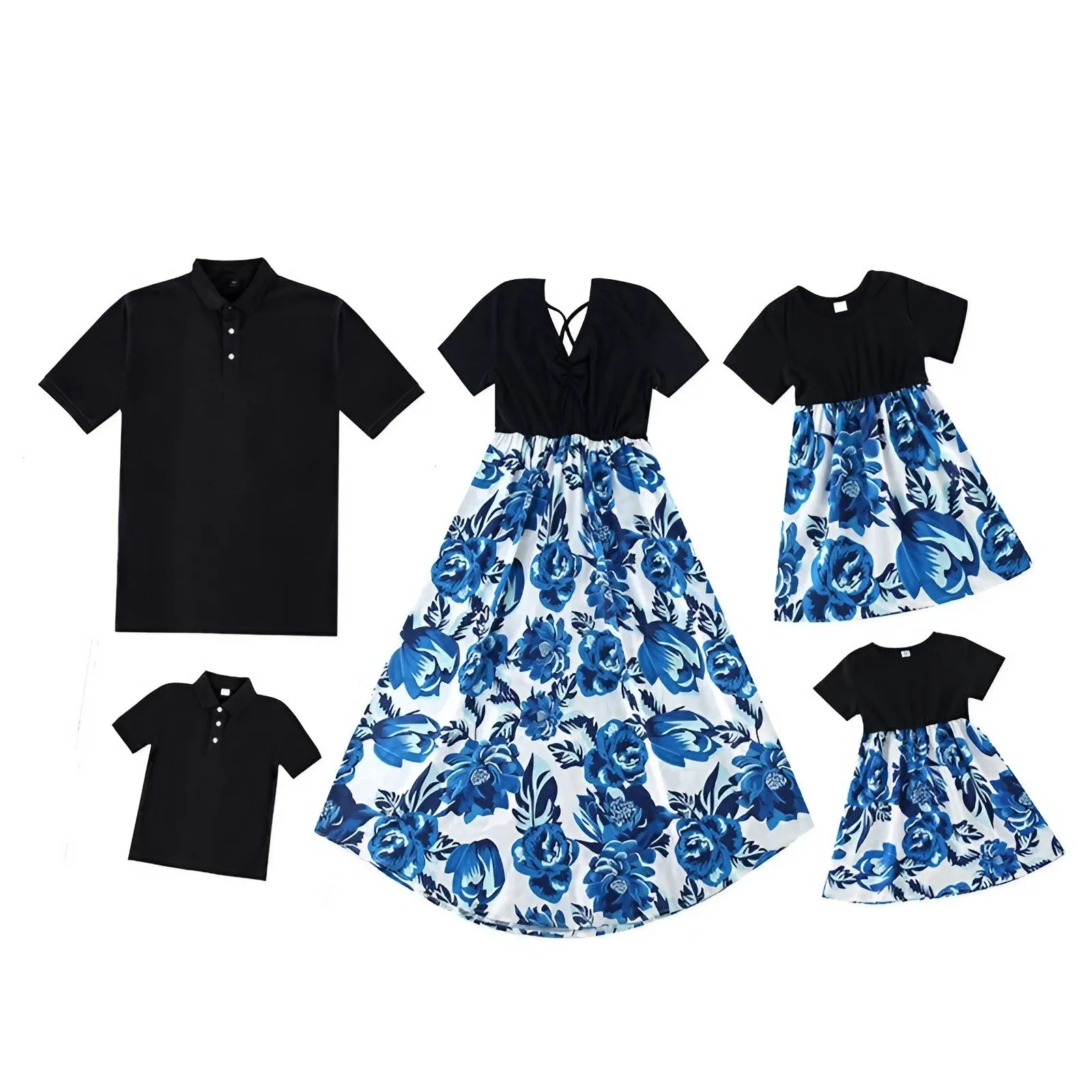 Matching Family Outfits Floral Print Dress Blue Denim Family Sets